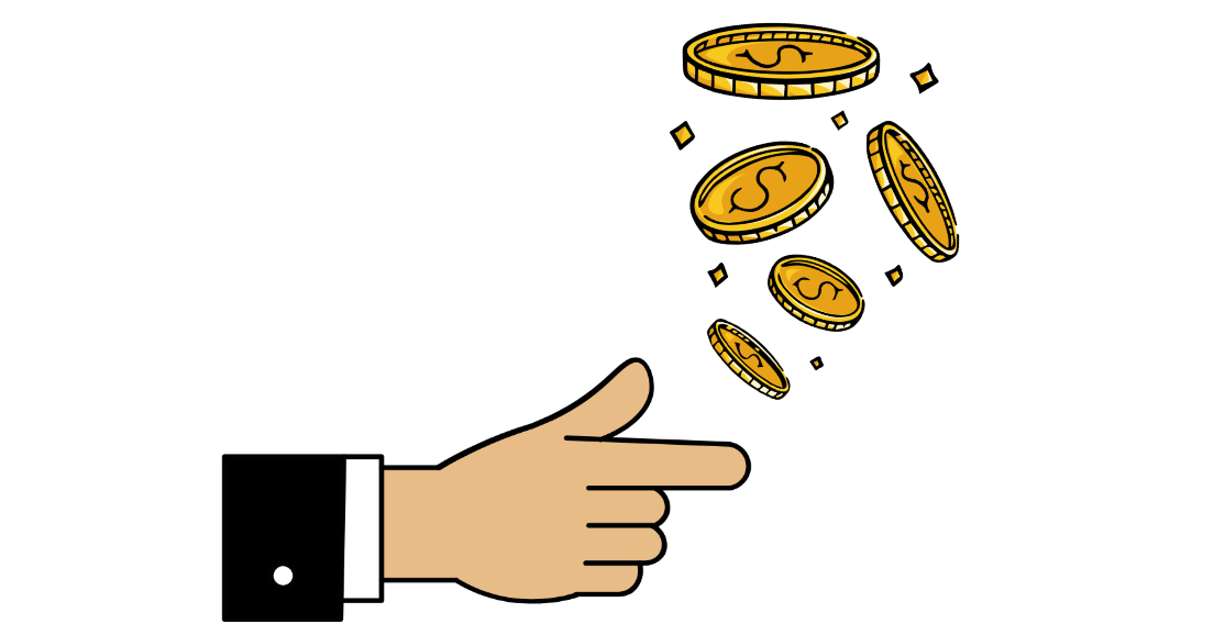 a picture of a hand flipping yellow coins